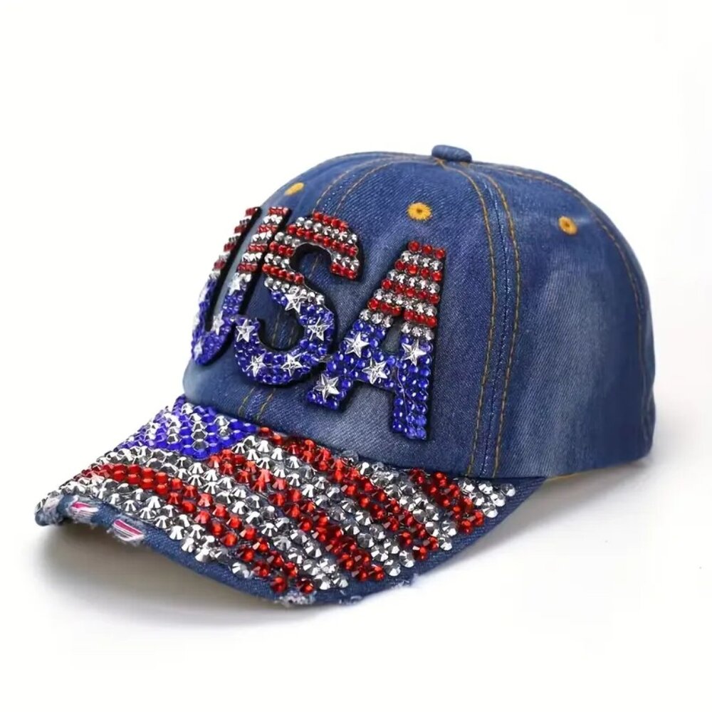 PATRIOTIC BLING BASEBALL TRUCKER HAT  Destructed Denim NWOT - 4th July Patriot